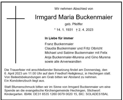 Traueranzeige Irmgard Maria Buckenmaier