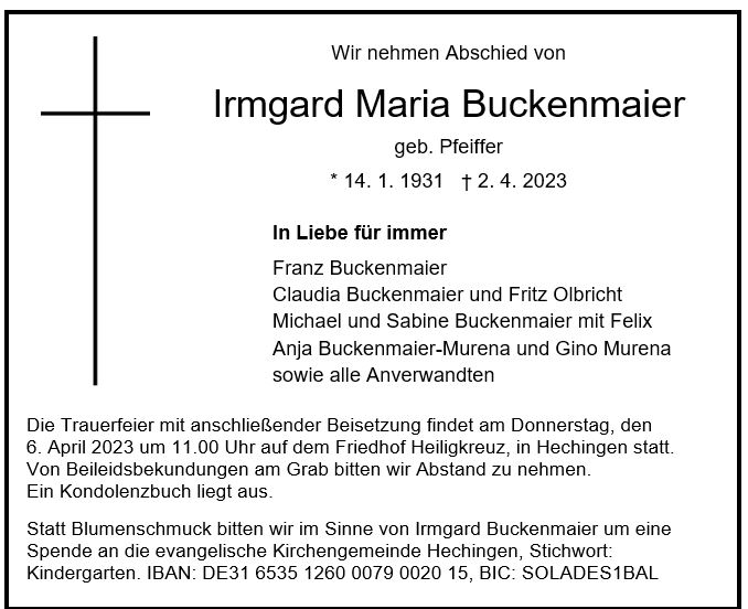Traueranzeige Irmgard Maria Buckenmaier