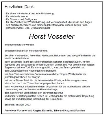 Danksagung Horst Vosseler