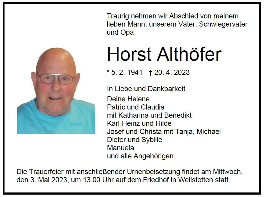 Traueranzeige Horst Althöfer