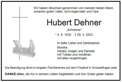 Traueranzeige & Danksagung Hubert Dehner