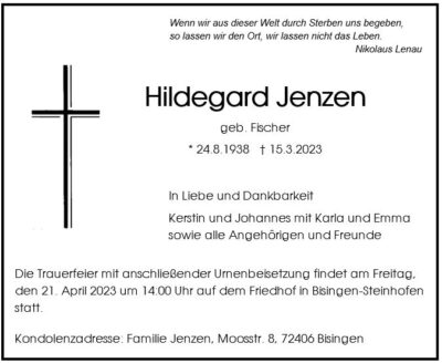 Traueranzeige Hildegard Jenzen